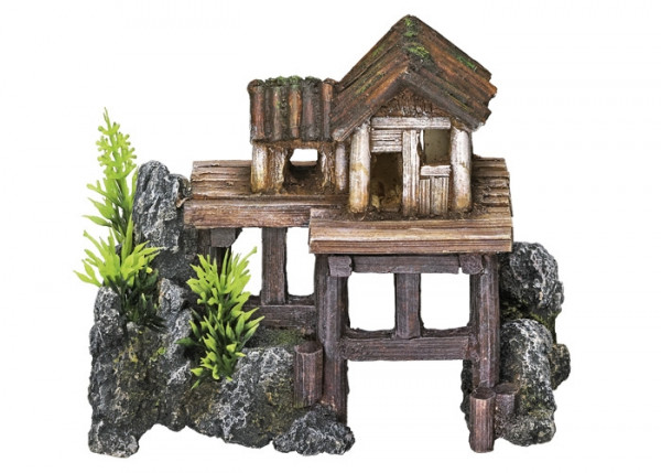 Ozdoba akwariowa Nobby " Wooden house with plants" 15,5 x 8 x 12 cm - "drewniany domek z roślinami" - Nobby zdjęcie 1