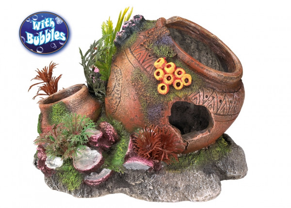 Ozdoba akwariowa Nobby " Jar with shells " 17,5x13,2x13 cm - " Dzbanek z muszlami i roślinami " z bąbelkami ( podłączenie pod napowietrzacz ) - Nobby zdjęcie 1