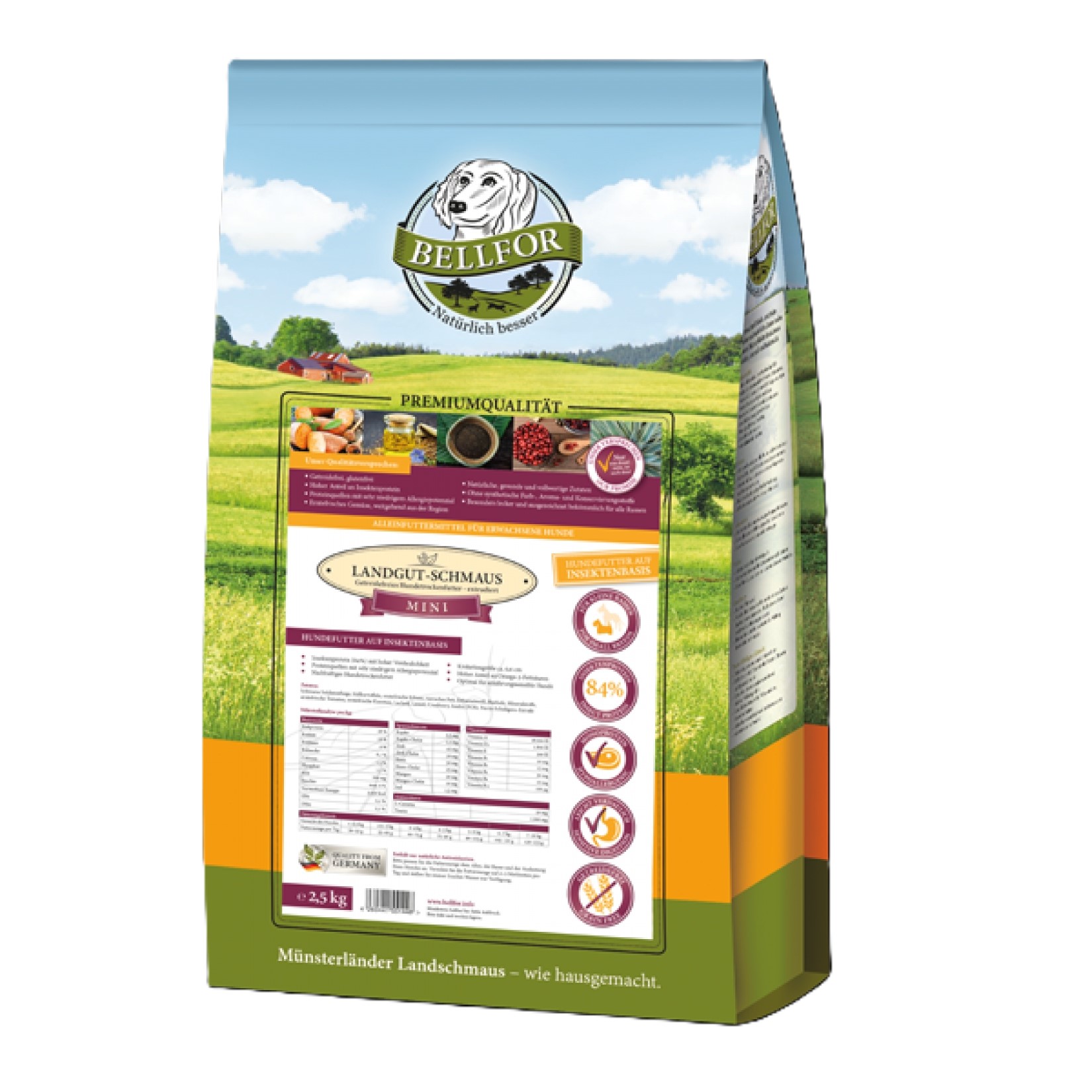 Karma sucha Bellfor Landgut Schmaus Mini 1,2kg " Gospodarska uczta " - bezzbożowa / ekstrudowana / 83%  białka z insektów / hypoalergiczna / małe rasy - Bellfor zdjęcie 1