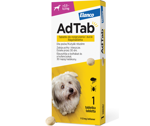 AdTab tabletka na pchły i kleszcze firmy ELANCO Dog 112,5mg dla psów o wadze 2,5 - 5 kg - ELANCO zdjęcie 1