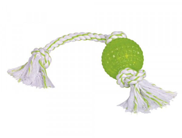 Zabawka z gumy termoplastycznej dla psa Nobby TPR Ball with rope 44cm- pływająca piłka o miętowym zapachu i bawełnianymi sznurkami - Nobby zdjęcie 1