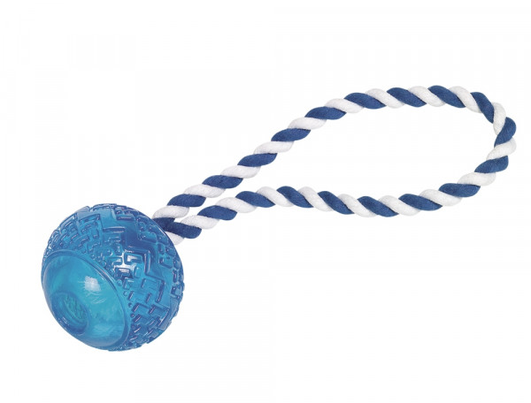 Zabawka z gumy termoplastycznej dla psa Nobby TPR Ball with rope 26cm- pływająca piłka z bawełnianymi, plecionymi sznurkami - Nobby zdjęcie 1