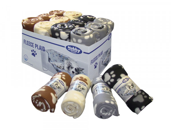 Miękkie, polarowe koce Nobby "PIPPA" dla psa lub kota 100x150cm display 12szt.- czarne, szare, brązowe i beżowe z wzorem w łapy  - Nobby zdjęcie 1