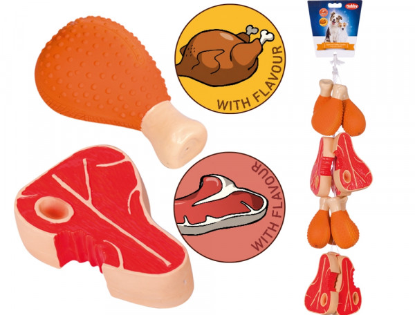 Lateksowa zabawka dla psa Nobby Barbecue 13,5-15cm - pachnące udko i stek (pieczony kurczak lub bekon) - Nobby zdjęcie 1