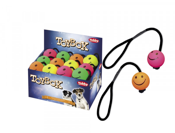 Zabawka dla psa Nobby Foam Rubber Ball Smiley with rope Ø 6,3cm- pływająca piłka z pianki gumowej, uśmiechem i liną - Nobby zdjęcie 1