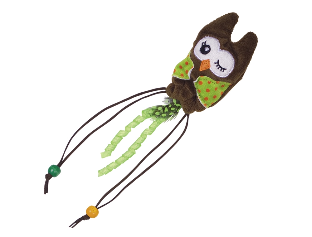 Zabawka dla kota pluszowa sowa z drewnianą kulką i piórkami brązowa 25 cm Nobby - Nobby zdjęcie 1