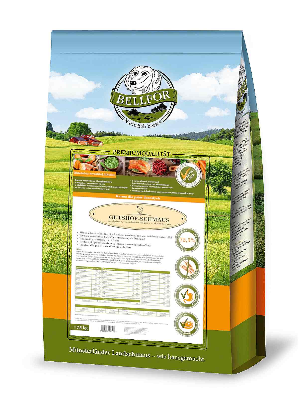 Karma sucha Bellfor Gutshof Schmaus 7,5kg " Uczta drobiowa" - bezzbożowa / ekstrudowana / 72,5%  mięsa z kurczaka, indyka i kaczki / bez podrobów - Bellfor zdjęcie 1