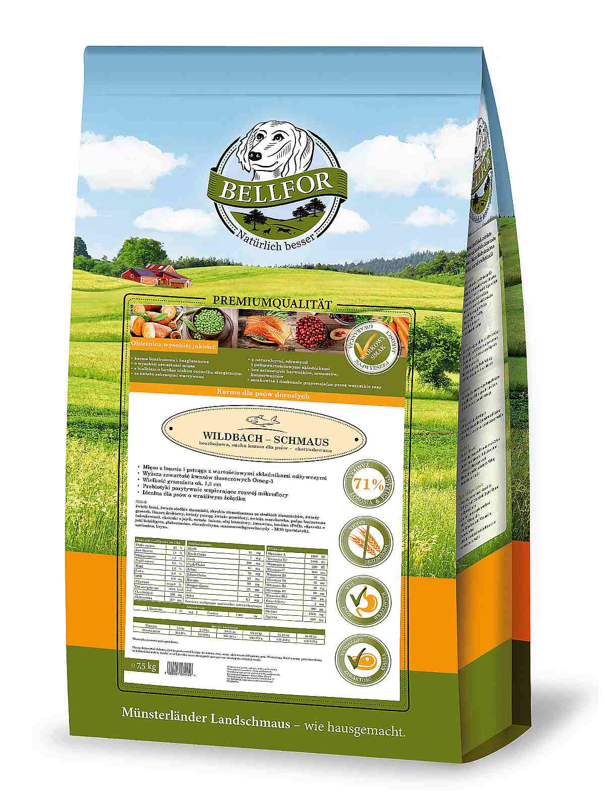 Karma sucha Bellfor Wildbach Schmaus 7,5kg " Uczta z potoku" - bezzbożowa / ekstrudowana / 71%  dzikiego łososia i pstrąga z potoku - Bellfor zdjęcie 1