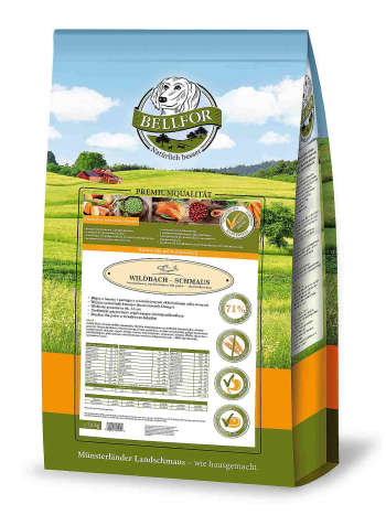 Karma sucha Bellfor Wildbach Schmaus 7,5kg " Uczta z potoku" - bezzbożowa / ekstrudowana / 71%  dzikiego łososia i pstrąga z potoku - Bellfor zdjęcie 1