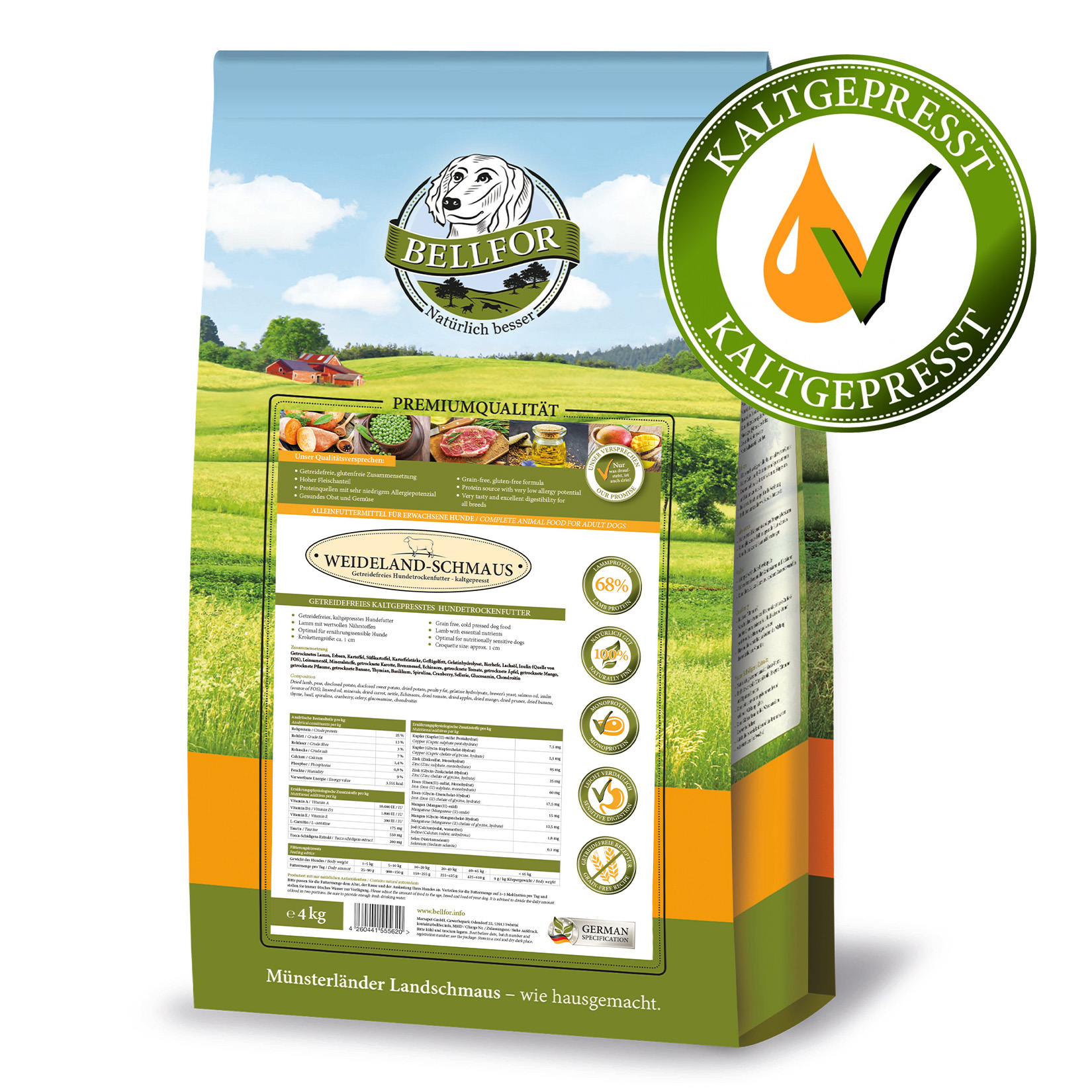 Karma sucha Bellfor Weideland Schmaus 4kg " Uczta z pastwiska " - bezzbożowa / tłoczona na zimno / 68%  białka z jagnięciny - Bellfor zdjęcie 1